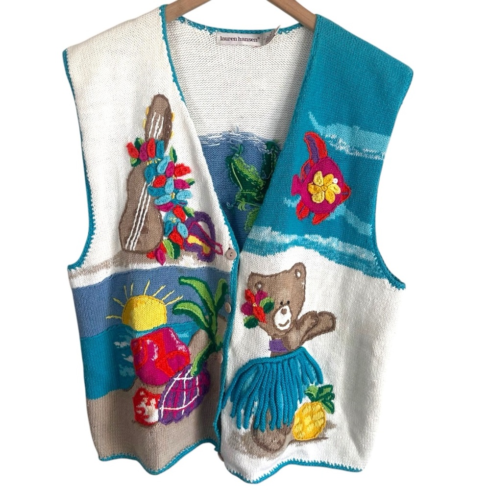 Lauren Hansen Hawaiian Beach Tropical Bear Hula Luau Sweater Vest Size Large